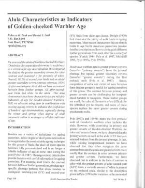 Alula Characteristics As Indicators of Golden-Cheeked Warbler Age