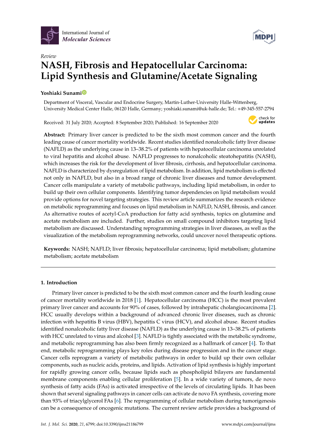 NASH, Fibrosis and Hepatocellular Carcinoma: Lipid Synthesis and Glutamine/Acetate Signaling