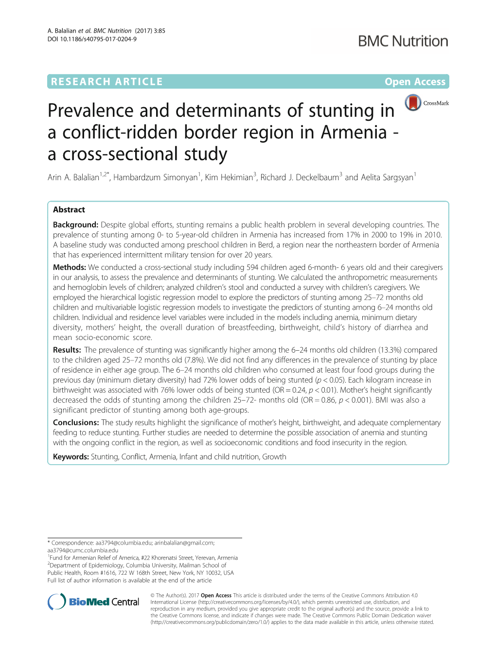 Prevalence and Determinants of Stunting in a Conflict-Ridden Border Region in Armenia - a Cross-Sectional Study Arin A