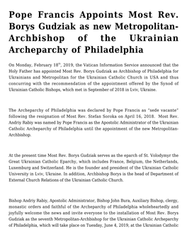 Pope Francis Appoints Most Rev. Borys Gudziak As New Metropolitan- Archbishop of the Ukrainian Archeparchy of Philadelphia