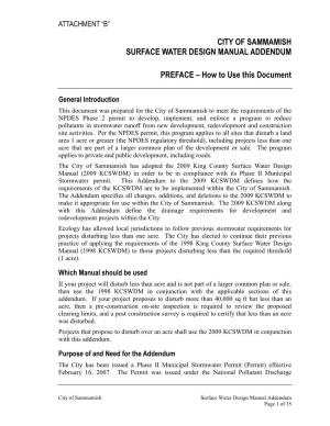 CITY of SAMMAMISH SURFACE WATER DESIGN MANUAL ADDENDUM PREFACE – How to Use This Document