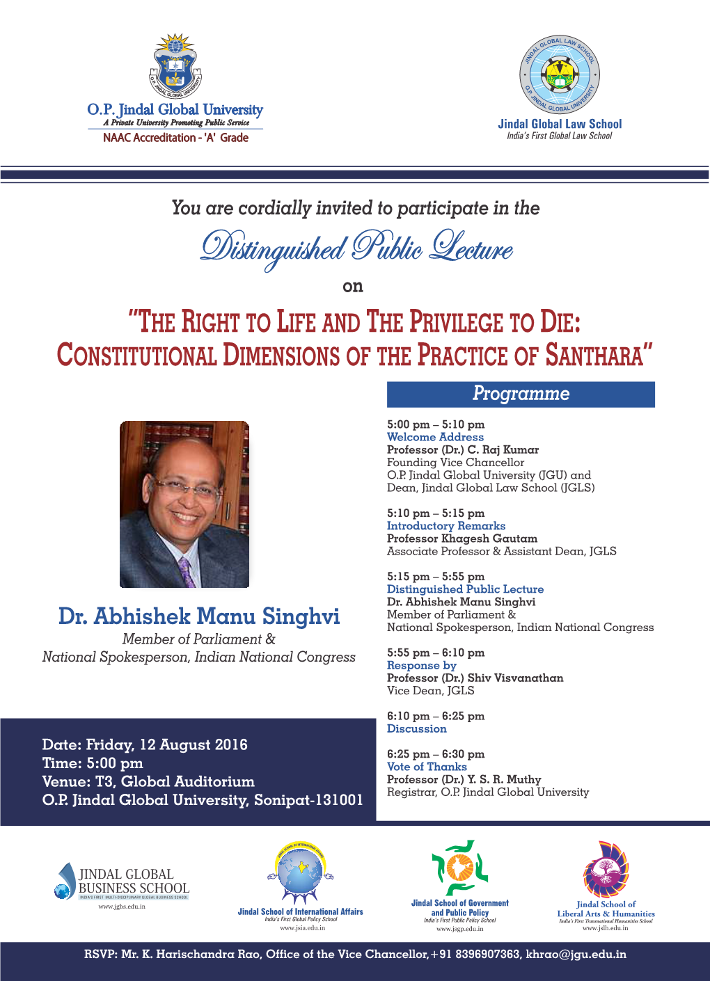 Distinguished Public Lecture by Dr Abhishek Singhvi on 12 August 2016