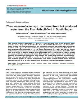 Thermoanaerobacter Spp. Recovered from Hot Produced Water from the Thar Jath Oil-Field in South Sudan