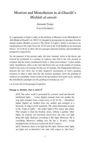 Monism and Monotheism in Al-Ghaz Lı's Mishk T Al-Anw R