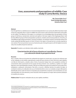 Uses, Assessments and Perceptions of Wildlife: Case Study in Loma Bonita, Oaxaca