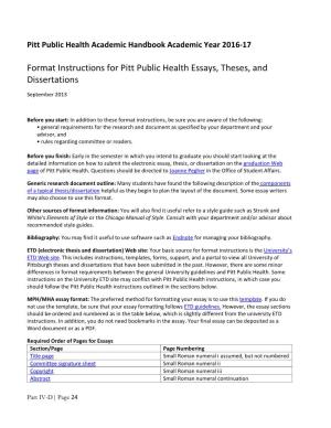 Format Instructions for Pitt Public Health Essays, Thesis, And