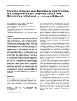 Inhibition of Peptide Bond Formation by Pleuromutilins: the Structure of the 50S Ribosomal Subunit from Deinococcus Radiodurans in Complex with Tiamulin