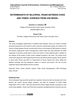 Determinants of Bilateral Trade Between China and Yemen: Evidence from Var Model