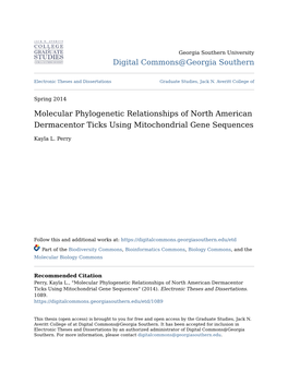 Molecular Phylogenetic Relationships of North American Dermacentor Ticks Using Mitochondrial Gene Sequences