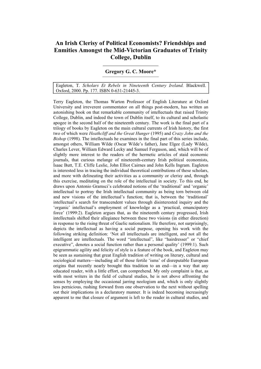 An Irish Clerisy of Political Economists? Friendships and Enmities Amongst the Mid-Victorian Graduates of Trinity College, Dublin