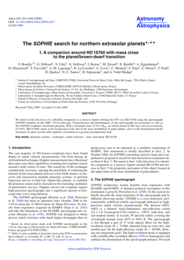 The SOPHIE Search for Northern Extrasolar Planets�,