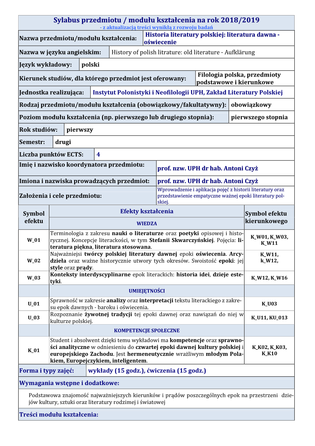 Sylabus Przedmiotu / Modułu Kształcenia Na Rok 2018/2019