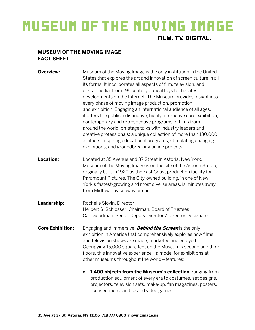 Museum of the Moving Image Fact Sheet