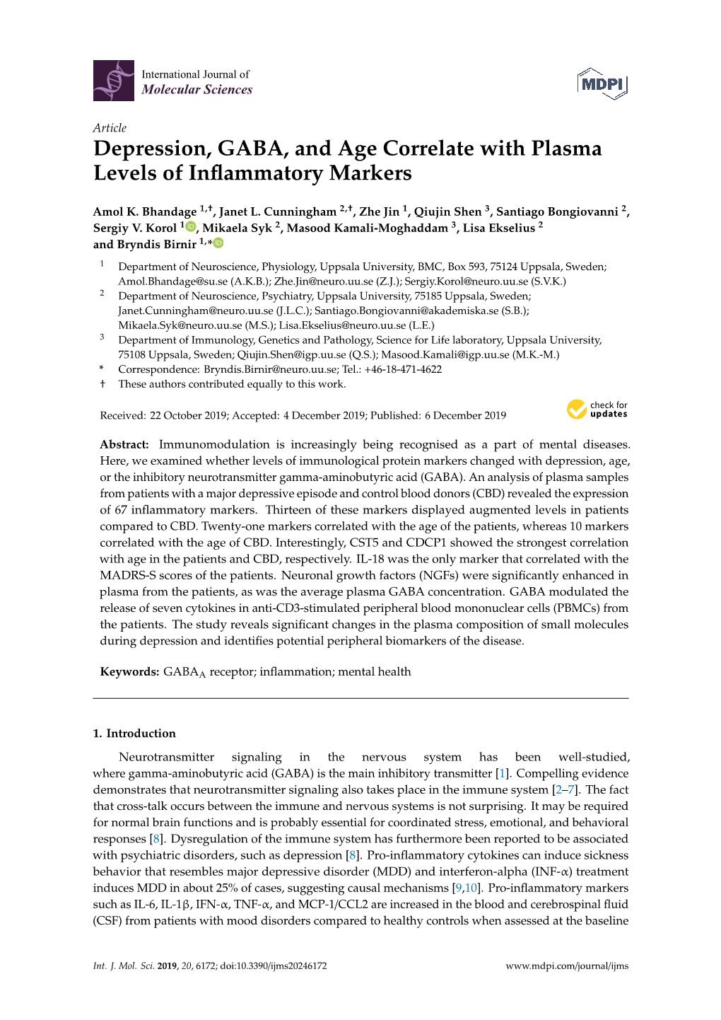 Depression, GABA, and Age Correlate with Plasma Levels of Inflammatory Markers