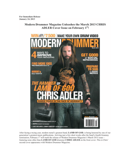 Modern Drummer Magazine Unleashes the March 2013 CHRIS St ADLER Cover Issue on February 1 !