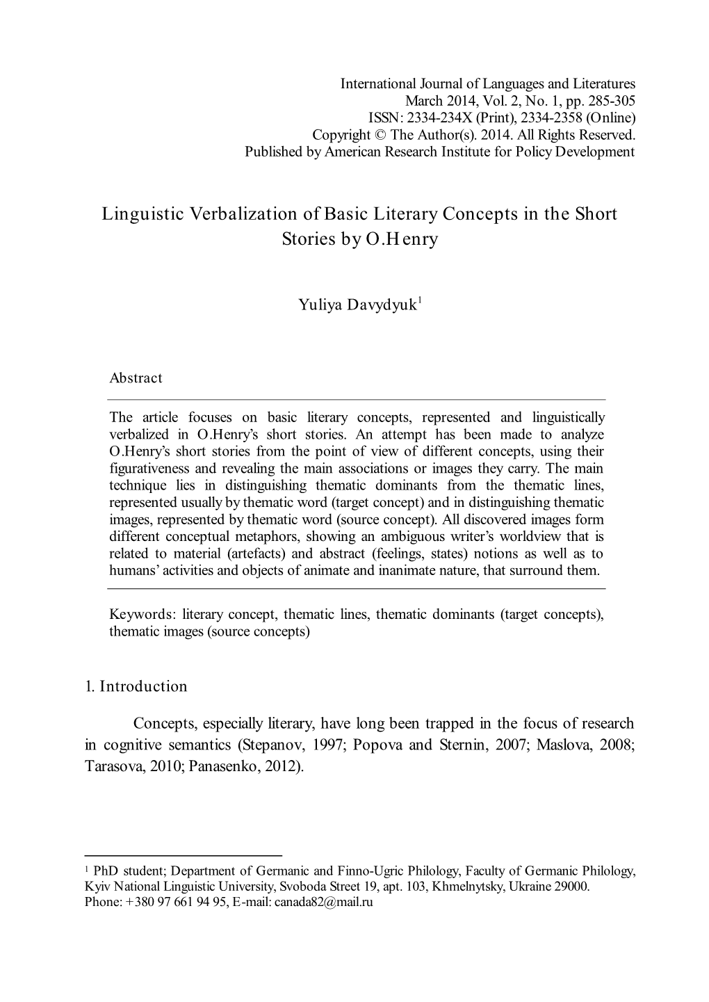 Linguistic Verbalization of Basic Literary Concepts in the Short Stories by O.Henry