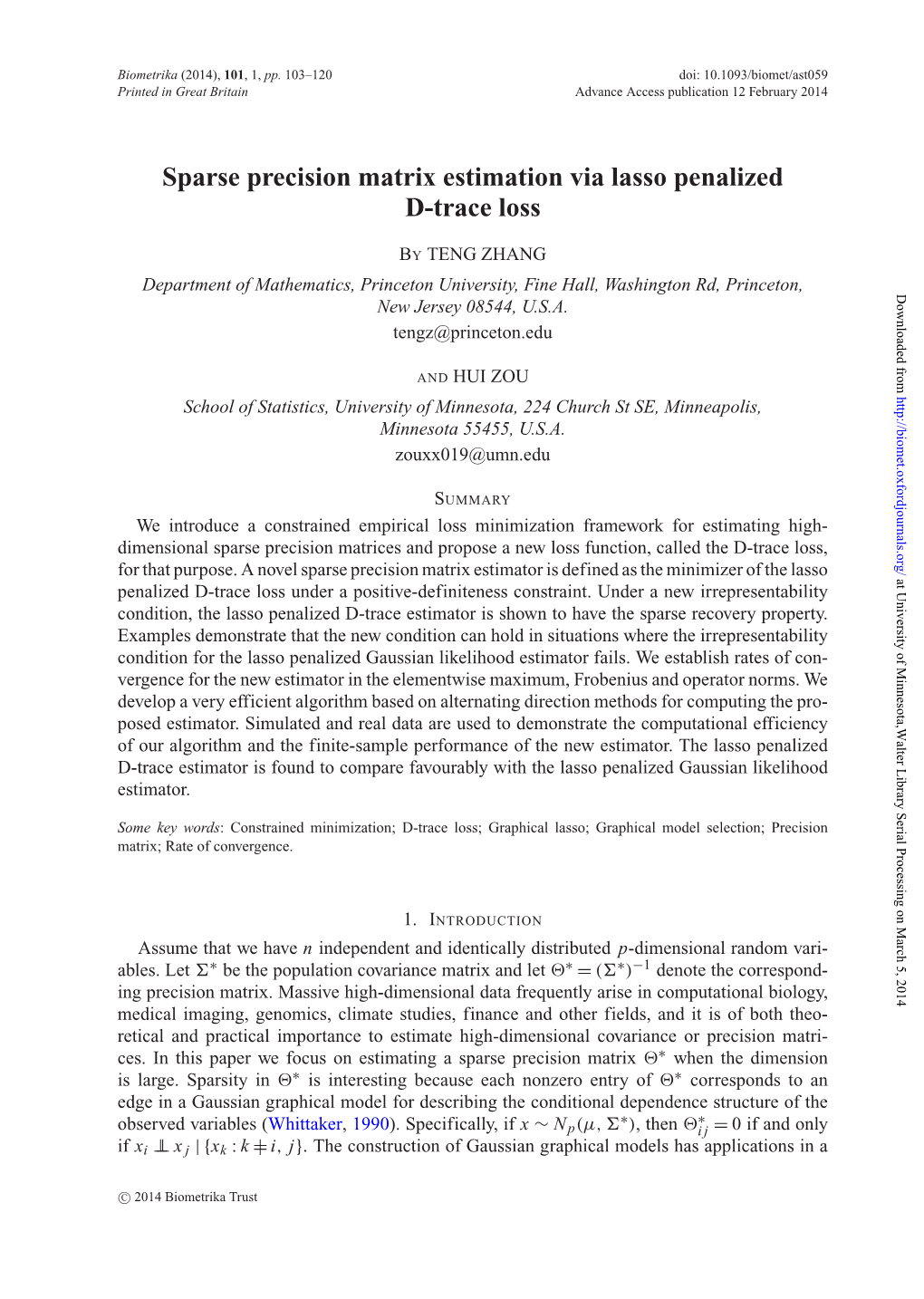 Sparse Precision Matrix Estimation Via Lasso Penalized D-Trace Loss