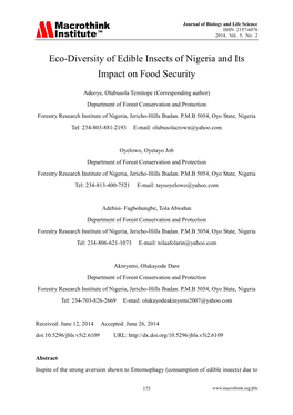 Eco-Diversity of Edible Insects of Nigeria and Its Impact on Food Security
