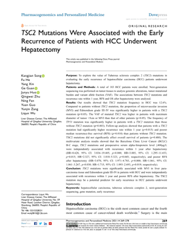 TSC2 Mutations Were Associated with the Early Recurrence of Patients with HCC Underwent Hepatectomy