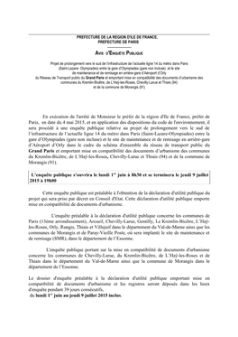 En Exécution De L'arrêté De Monsieur Le Préfet De La Région D'ile De France, Préfet De Paris, En Date Du 4 Mai 2015, Et E