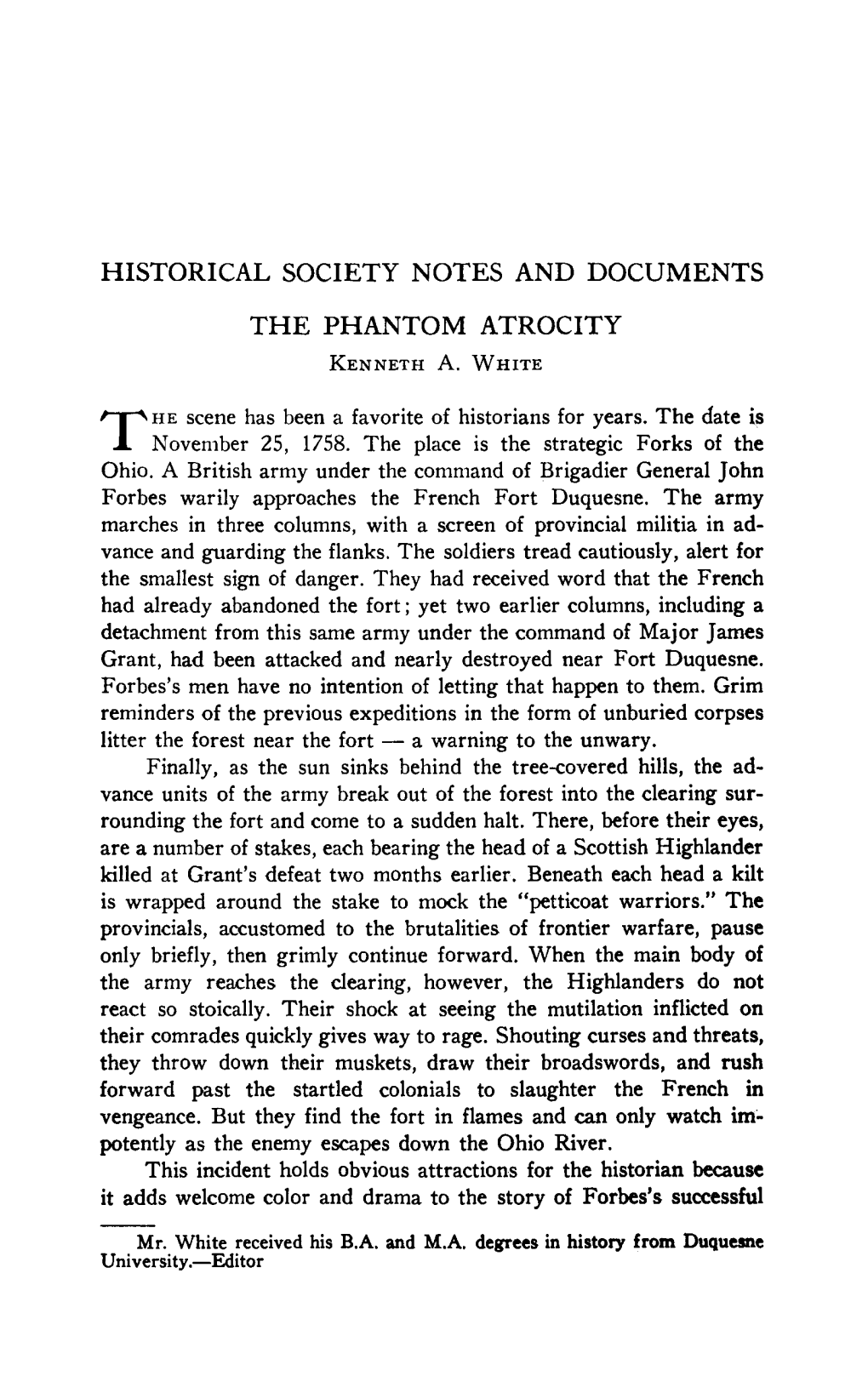 HISTORICAL SOCIETY NOTES and DOCUMENTS the PHANTOM ATROCITY Kenneth A