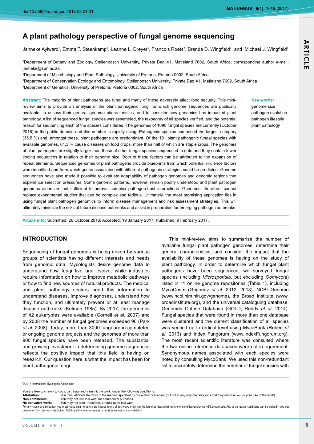 AR TICLE a Plant Pathology Perspective of Fungal Genome Sequencing