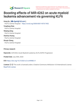 Boosting Effects of Mir-4262 on Acute Myeloid Leukemia Advancement Via Governing KLF6