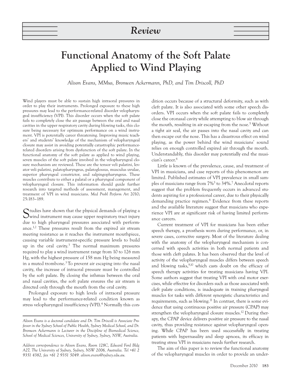 Functional Anatomy of the Soft Palate Applied to Wind Playing