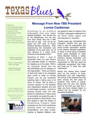 Message from New TBS President Lonnie Castleman