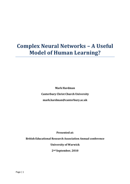 Complex Neural Networks – a Useful Model of Human Learning?