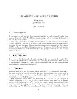 The Analytic Class Number Formula