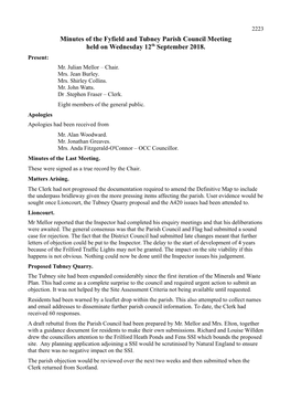 Minutes of the Fyfield and Tubney Parish Council Meeting Held on Wednesday 12Th September 2018