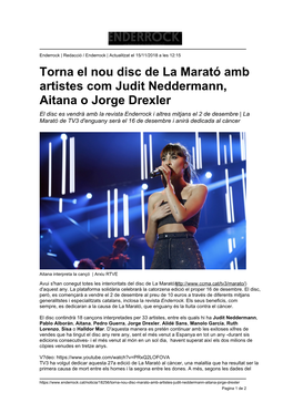 Torna El Nou Disc De La Marató Amb Artistes Com Judit Neddermann, Aitana O Jorge Drexler