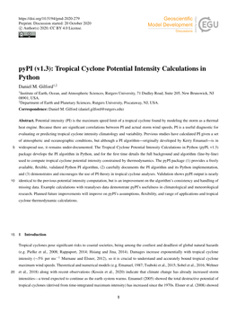 Pypi (V1.3): Tropical Cyclone Potential Intensity Calculations in Python Daniel M
