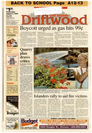 Boycott Urged As Gas Hits 99¢ Pharmasave • ABC • Ganges Investments Village Market • Thrifty Foods One Salt Spring Man Is So Outraged Regular Gas for 94.9