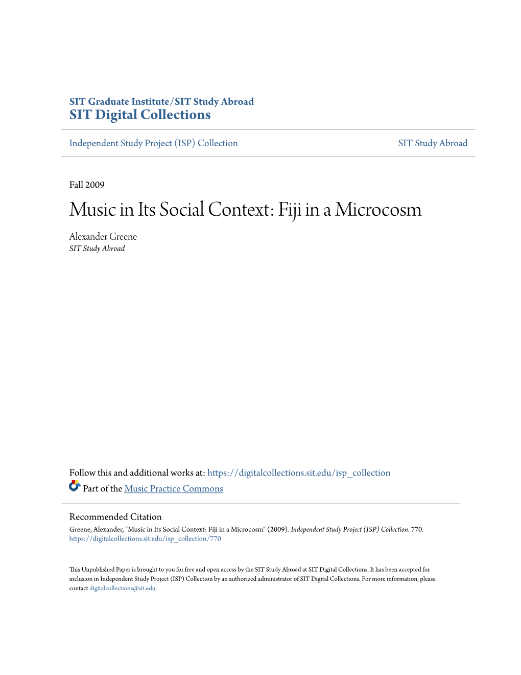 Music in Its Social Context: Fiji in a Microcosm Alexander Greene SIT Study Abroad