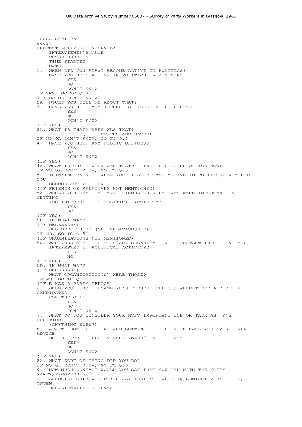 UK Data Archive Study Number 66037 - Survey of Party Workers in Glasgow, 1966