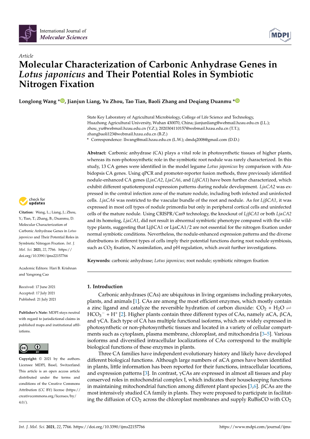 Molecular Characterization of Carbonic Anhydrase Genes in Lotus Japonicus and Their Potential Roles in Symbiotic Nitrogen Fixation