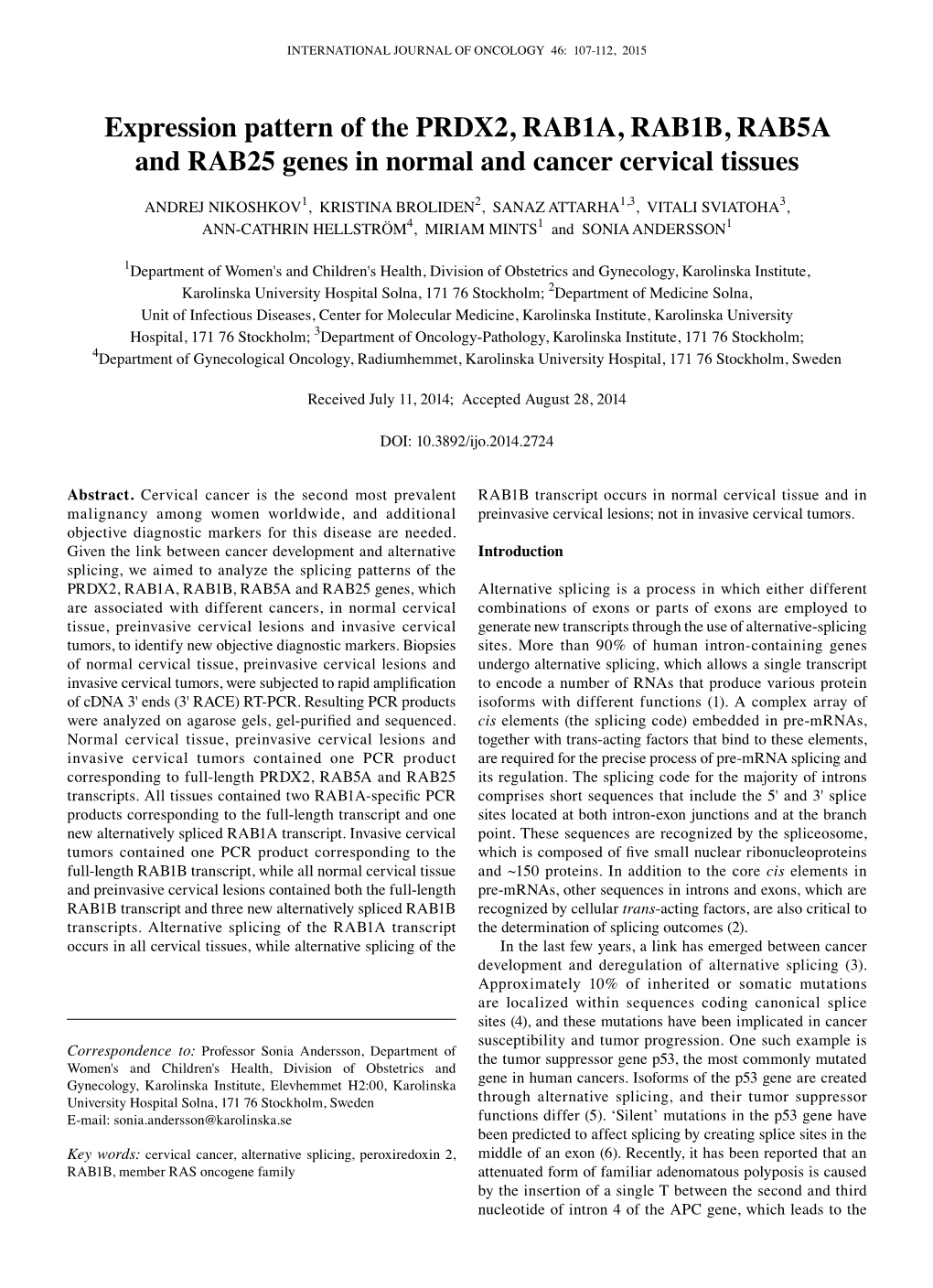 Expression Pattern of the PRDX2, RAB1A, RAB1B, RAB5A and RAB25 Genes in Normal and Cancer Cervical Tissues