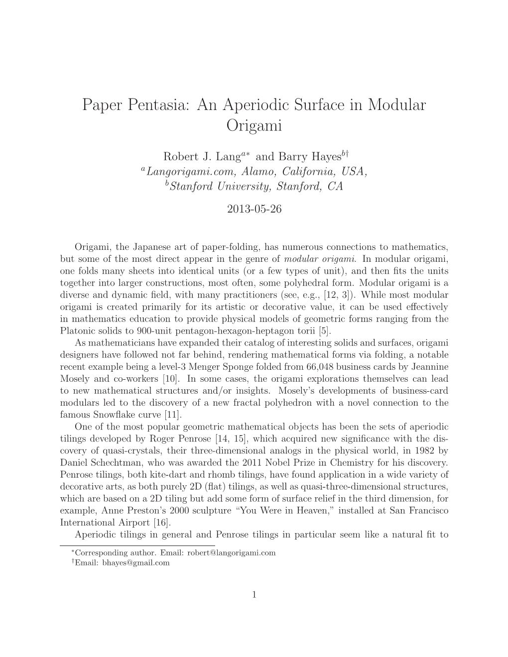 Paper Pentasia: an Aperiodic Surface in Modular Origami