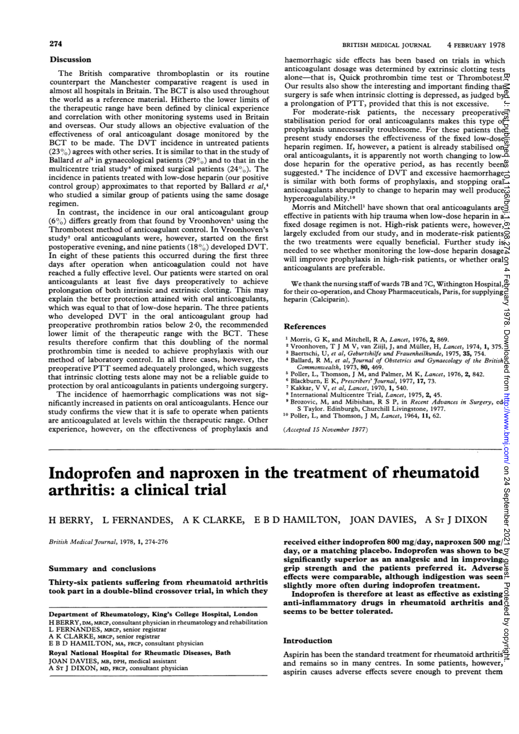 Indoprofen and Naproxen in the Treatment of Rheumatoid Arthritis