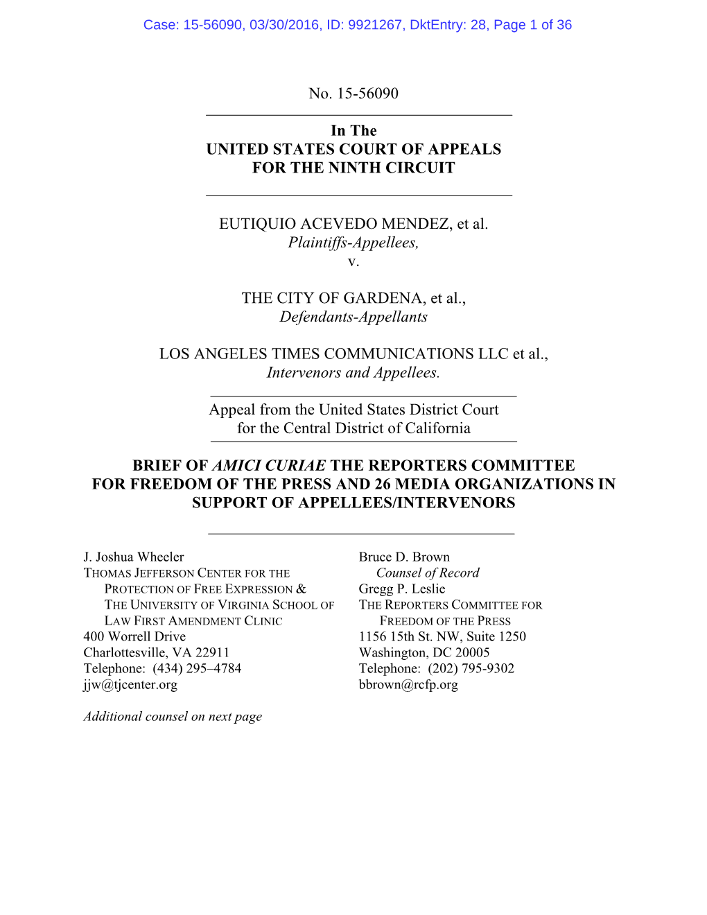 No. 15-56090 in the UNITED STATES COURT of APPEALS for the NINTH CIRCUIT EUTIQUIO ACEVEDO MENDEZ, Et Al. Plaintiffs-Appellees, V
