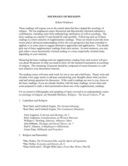 SOCIOLOGY of RELIGION Robert Wuthnow These Readings Will Expose You to the Central Ideas That Have Shaped the Sociology of Relig