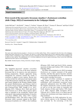 First Record of the Non-Native Bryozoan Amathia (= Zoobotryon) Verticillata (Delle Chiaje, 1822) (Ctenostomata) in the Galápagos Islands