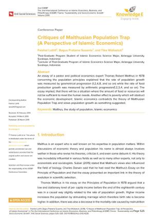 Critiques of Malthusian Population Trap (A Perspective of Islamic Economics) Faishol Luthﬁ1, Bagus Pratama Susanto1, and Tika Widiastuti2