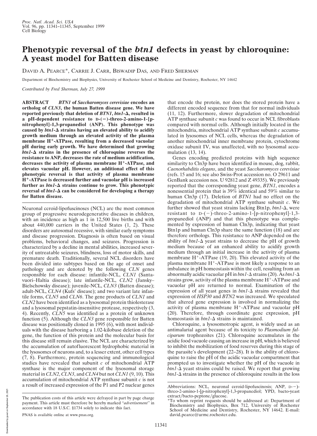 A Yeast Model for Batten Disease