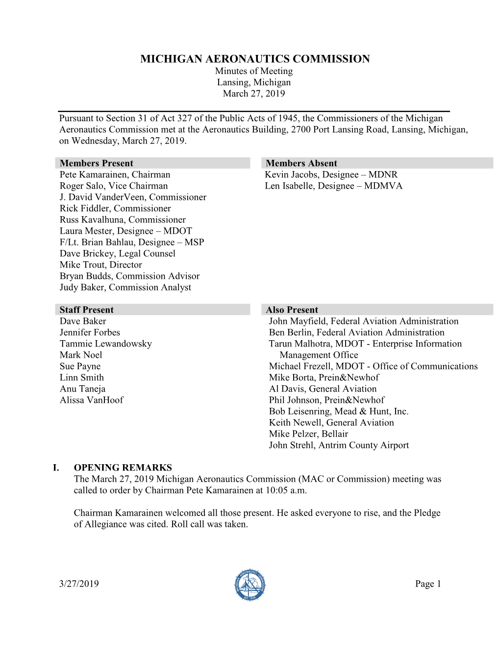 MICHIGAN AERONAUTICS COMMISSION Minutes of Meeting Lansing, Michigan March 27, 2019