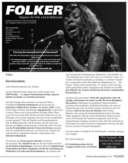 FOLKER Magazin Für Folk, Lied & Weltmusik Redaktionsschluss Für Die Serviceseiten Der Ausgabe 6/2016 Ist Der 12.10.2016