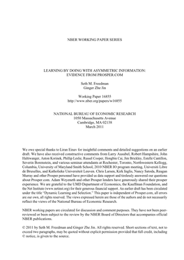 NBER WORKING PAPER SERIES LEARNING by DOING with ASYMMETRIC INFORMATION: EVIDENCE from PROSPER.COM Seth M. Freedman Ginger Zhe J