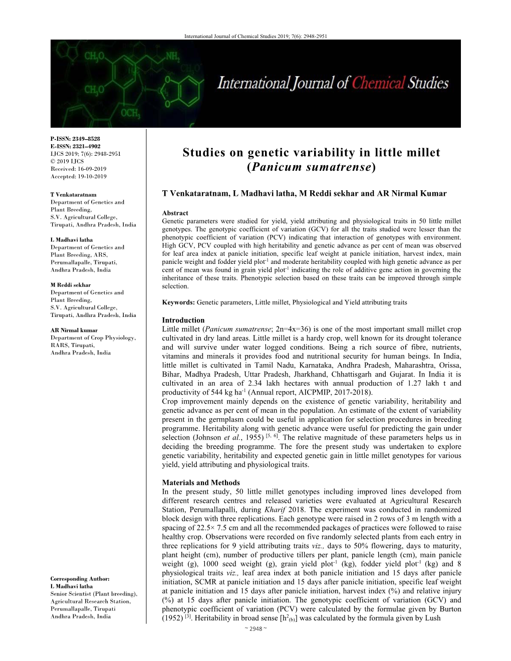 Studies on Genetic Variability in Little Millet (Panicum Sumatrense)